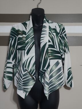 NWOT WDG Green/White Tropical Print Open-Front 3/4 Sleeve Blazer Jacket Sz Med